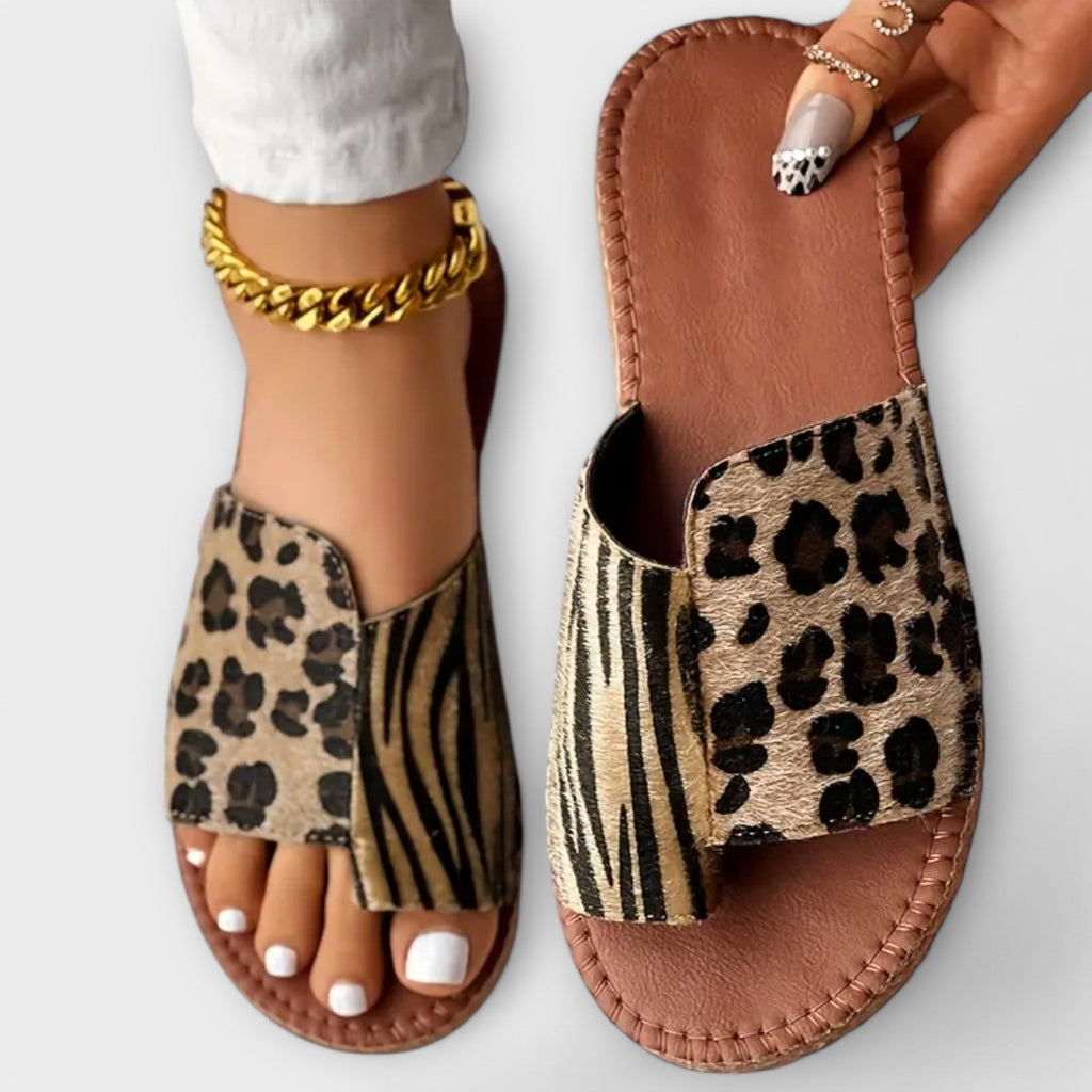 Women's Leopard Print Slippers - Two Tone Slip On Summer Slides