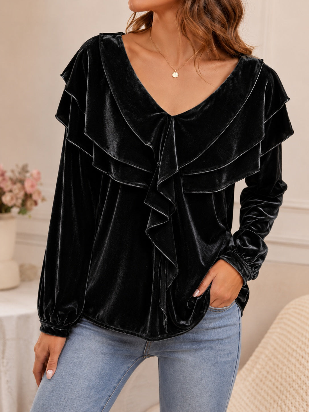 Women’s Velvet V-Neck Ruffled Top – Elegant Chic Feminine Style