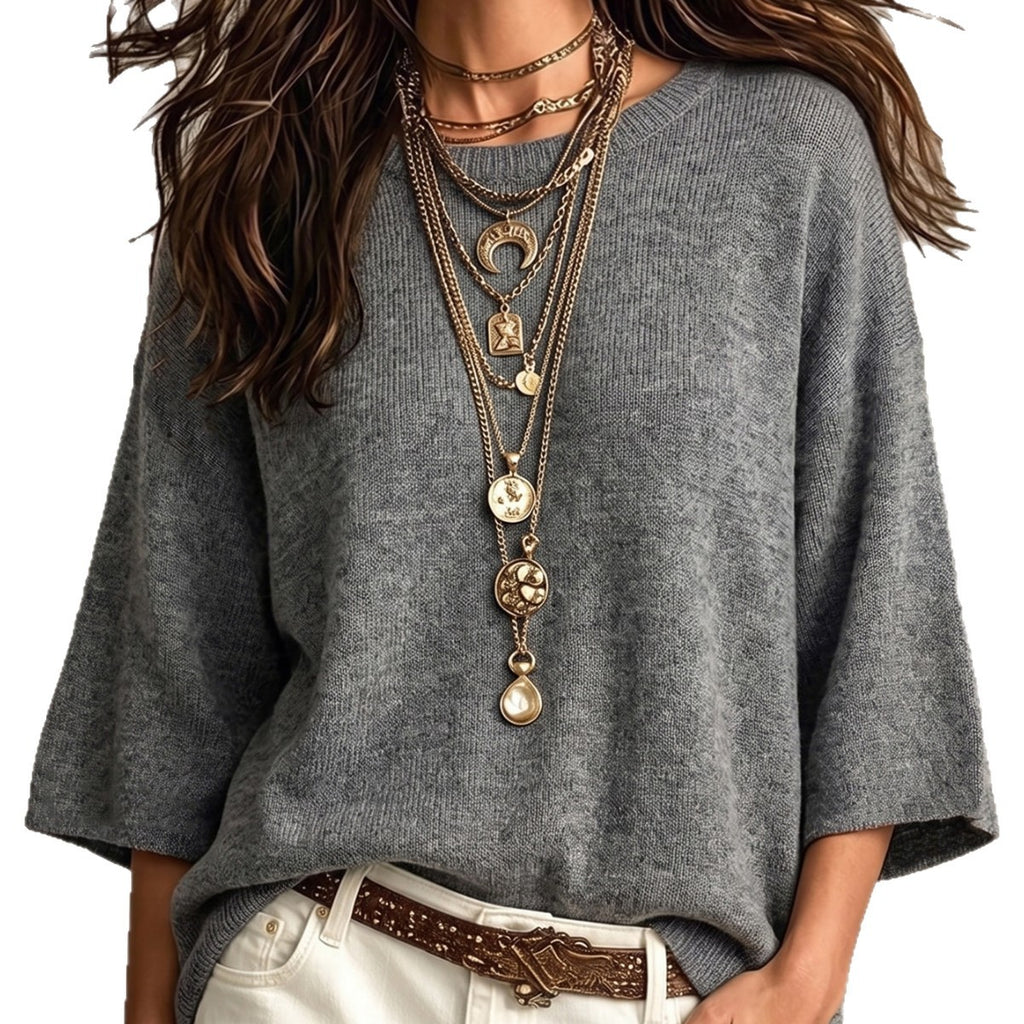 Women's Relaxed Sweater - Wide Sleeves and Crew Neck