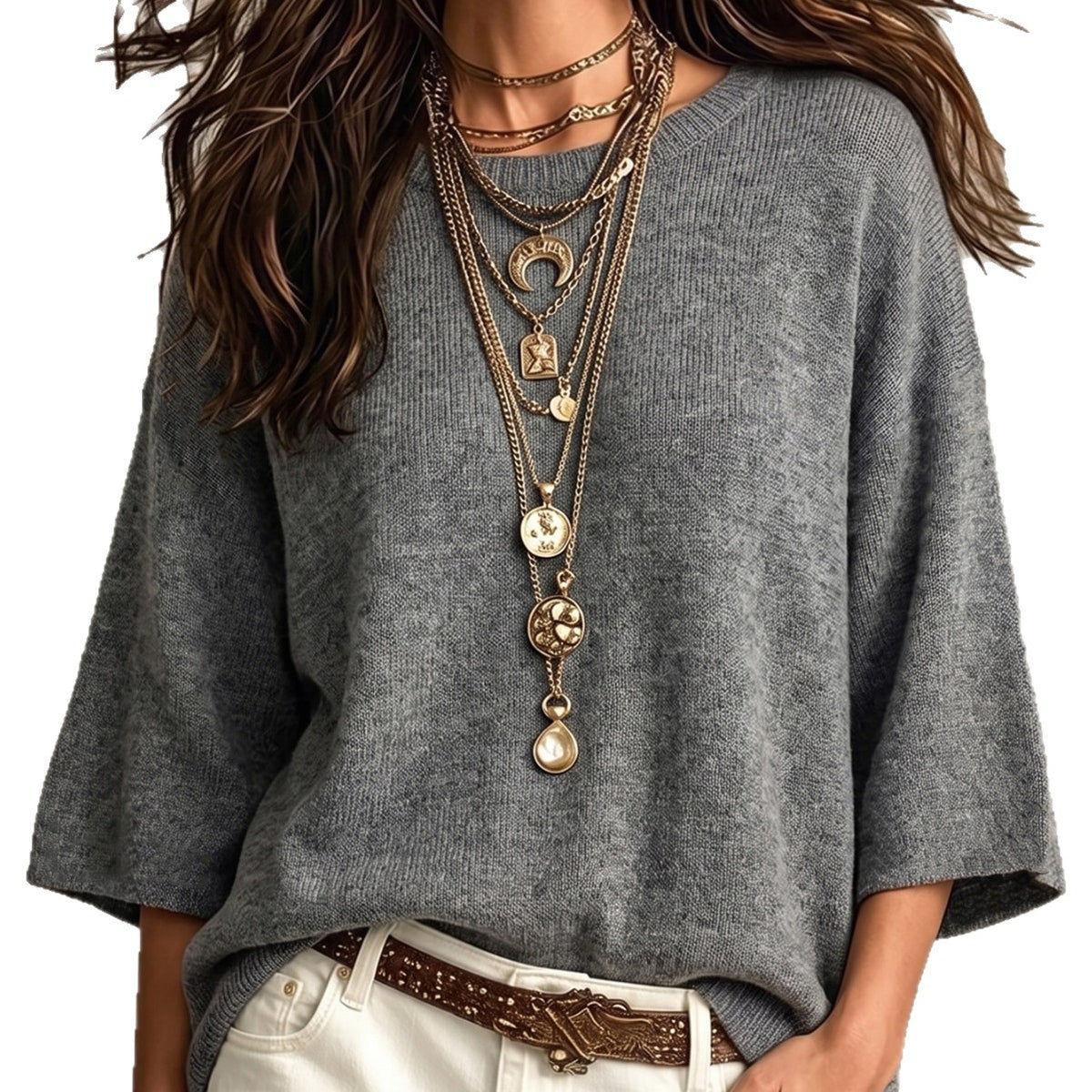 Women's Relaxed Sweater - Wide Sleeves and Crew Neck