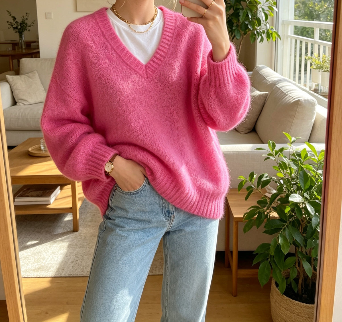 Loose V-Neck Knit Sweater - Soft and Relaxed