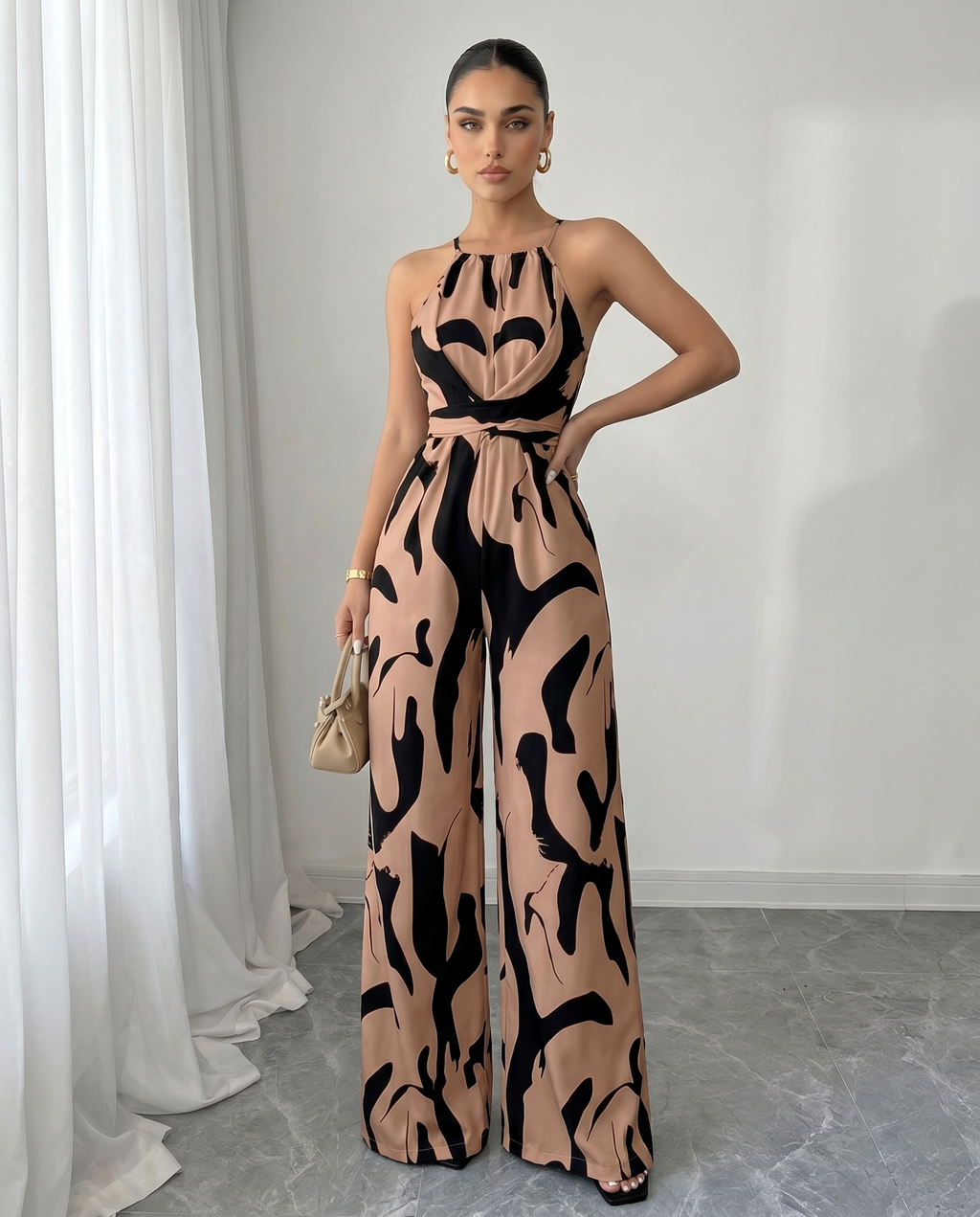 Women's Halter Neck Abstract Print Wide Leg Jumpsuit - Easy Dressy One Piece