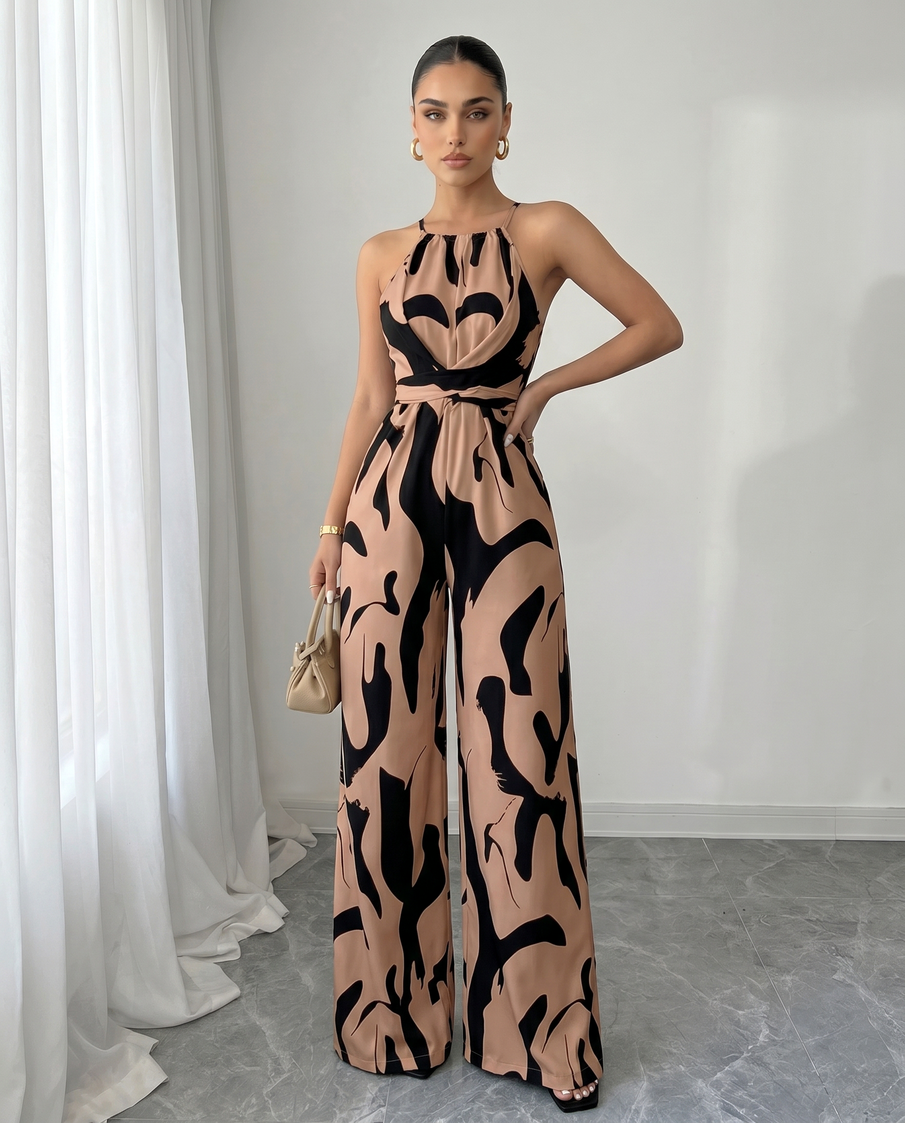 Women's Halter Neck Abstract Print Wide Leg Jumpsuit - Easy Dressy One Piece