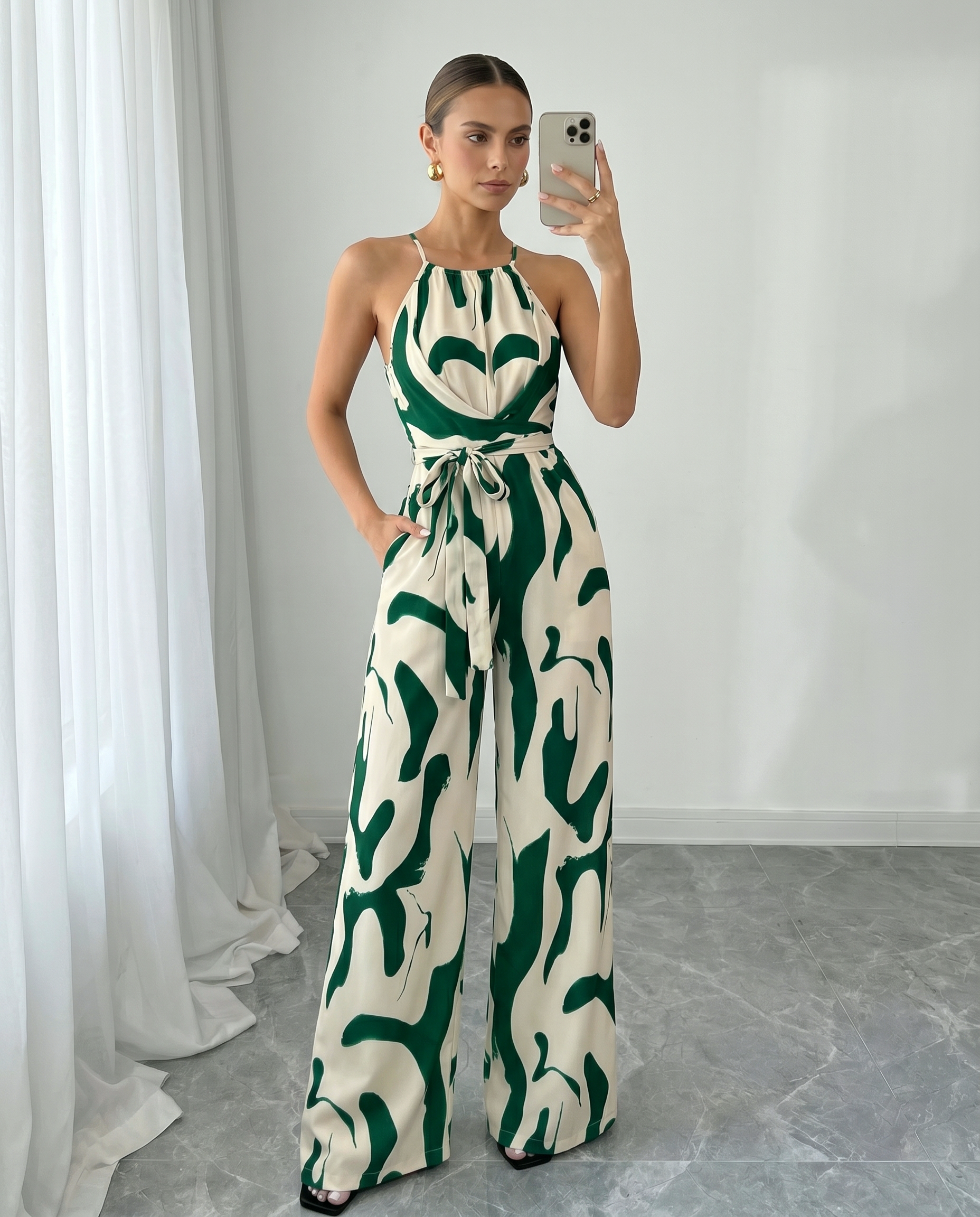 Women's Halter Neck Abstract Print Wide Leg Jumpsuit - Easy Dressy One Piece