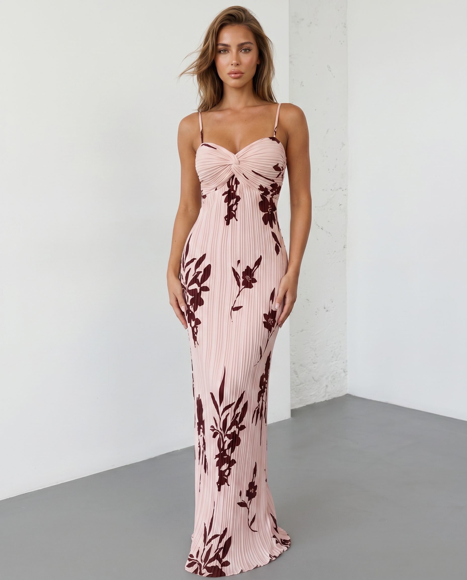 Women's Floral Twist Bust Pleated Maxi Dress - Elegant Flowing Occasion Dress
