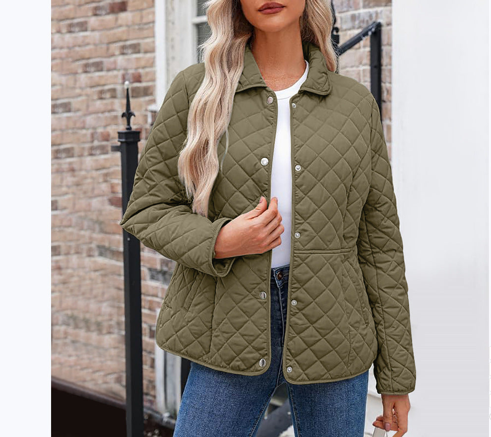 Women’s Solid Color Quilted Jacket – Casual Lapel Warm Outerwear Style