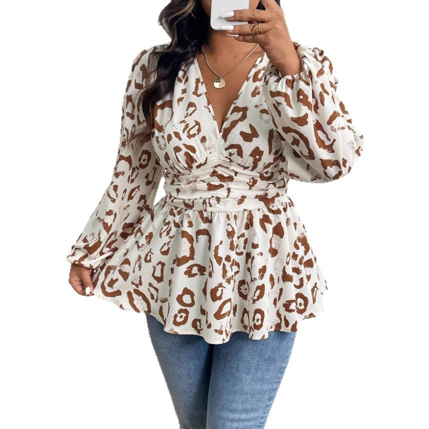 Women's Leopard V-Neck Long Sleeve Shirt - Relaxed Statement Blouse