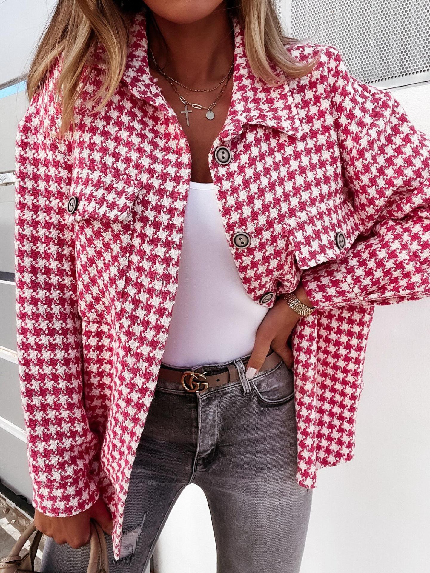 Women's Houndstooth Coat - Soft Plaid Statement Everyday Outerwear