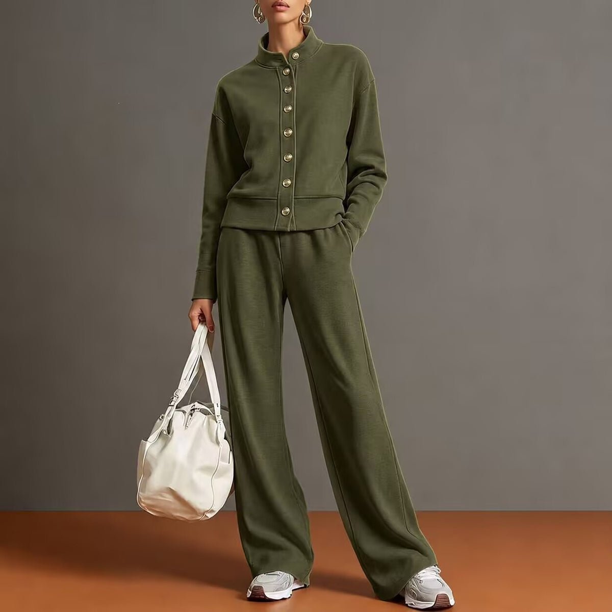 Stand-Collar Cardigan and Wide-Leg Pants Set - Polished and Comfortable