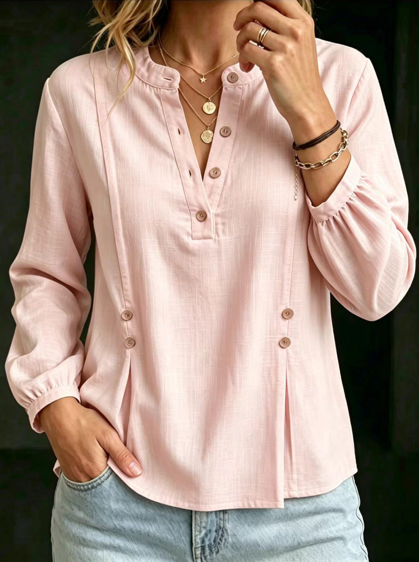 Women’s Cotton-Linen Mandarin Collar Shirt – Long Sleeve Casual Summer Style