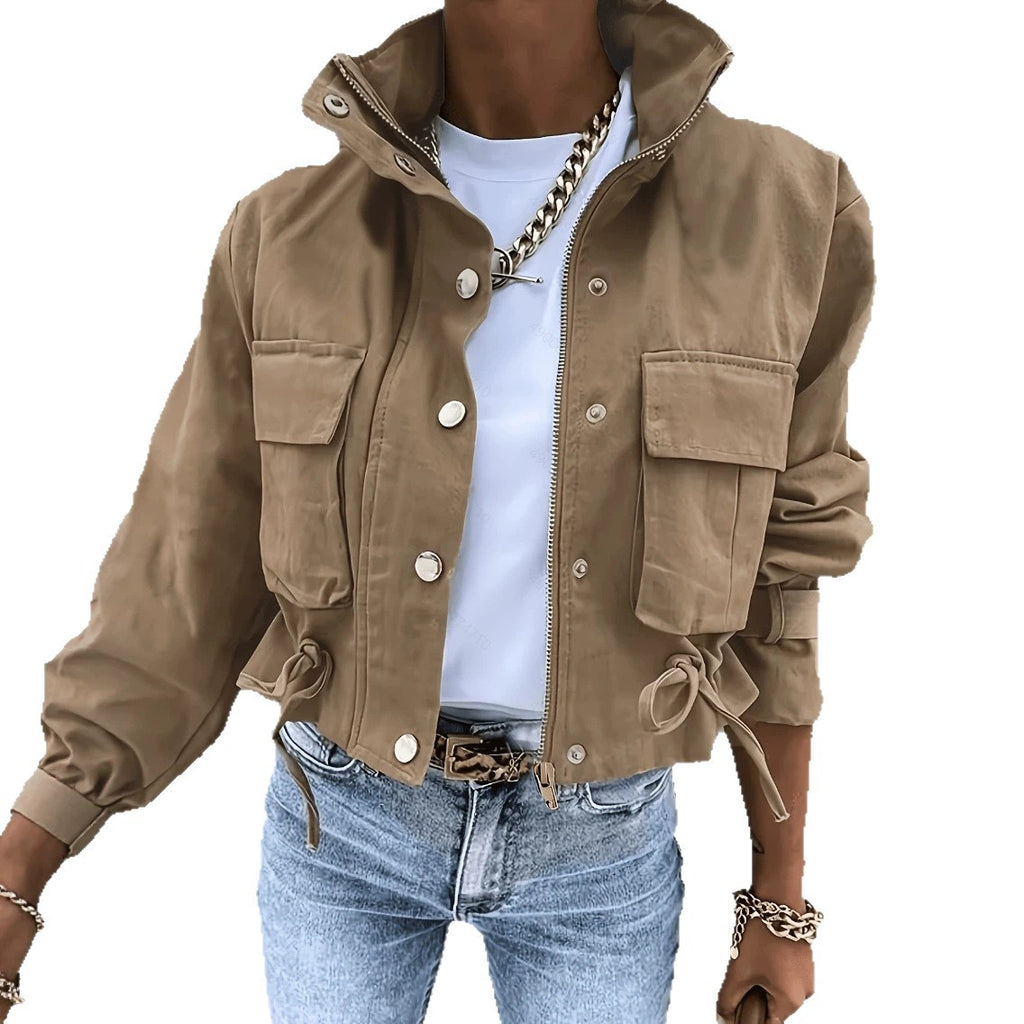 Women’s Long Sleeve Mandarin Collar Biker Jacket – Chic Vintage Casual Style