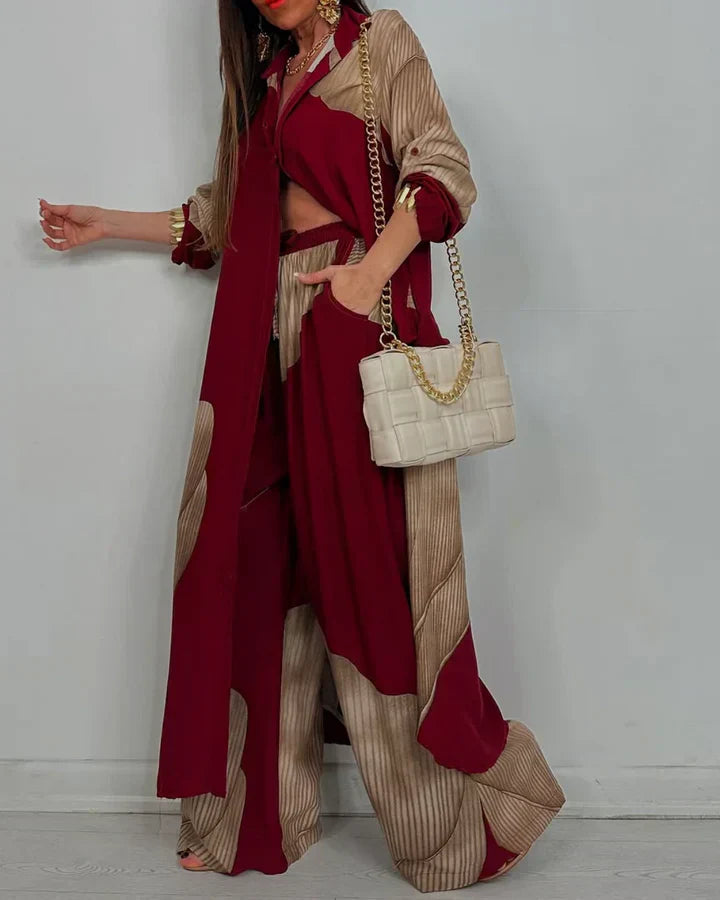 Women's Two-Piece Outfit Set - Button Shirt and Wide Leg Pants Matching Set