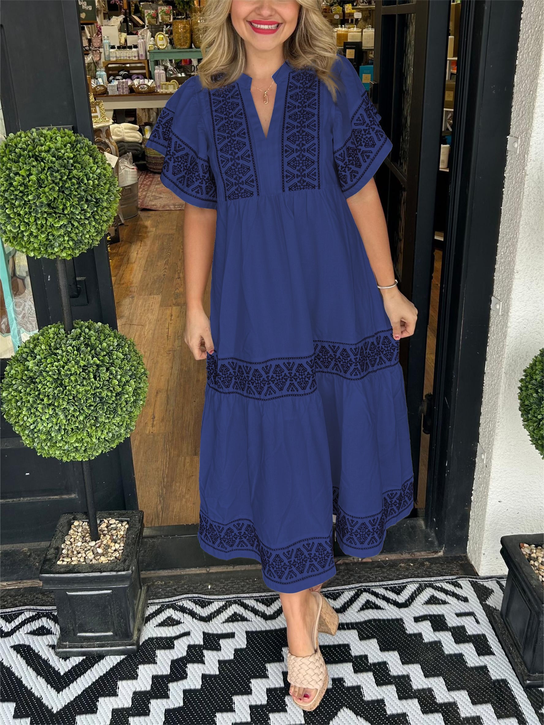 Women's Embroidered V Neck Boho Maxi Dress – Flowy Vacation Dress