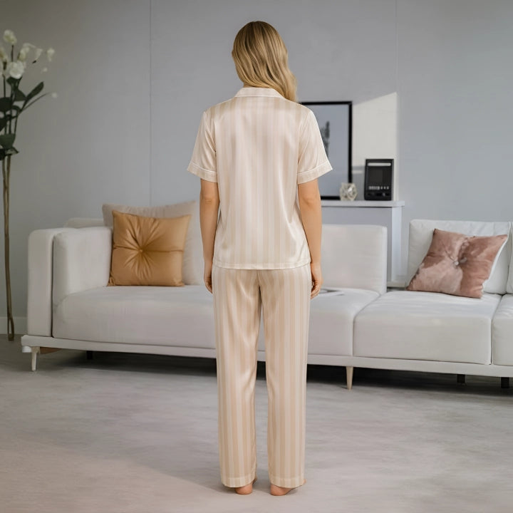 Couples Embroidered Stripe Button-Up Pajama Set – Matching Sleepwear Outfit
