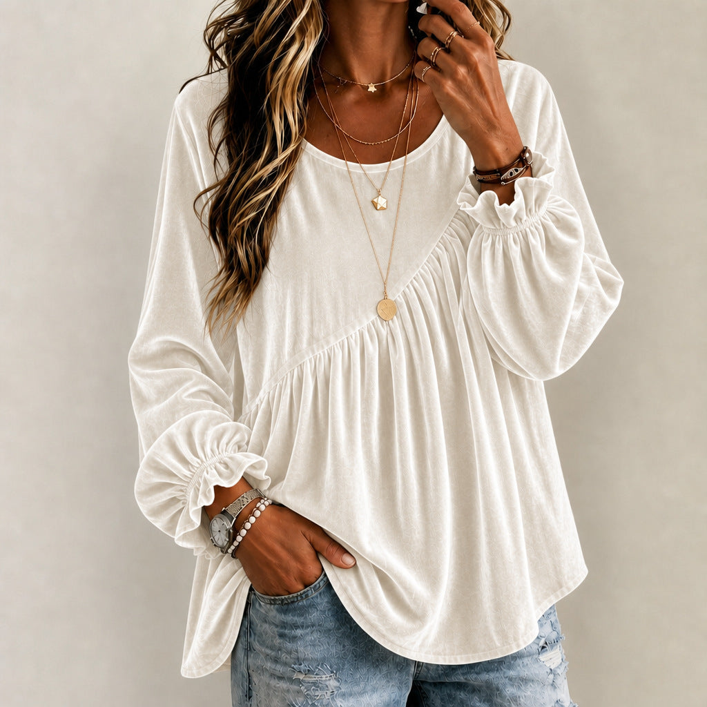 Women’s Velvet Crew Neck Ruffle Top – Relaxed Fit Elegant Style