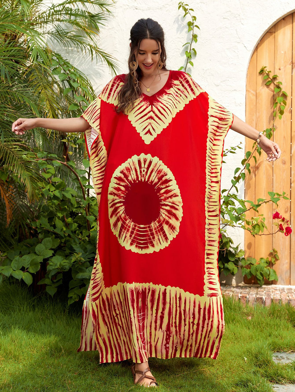 Women's Printed V-Neck Maxi Holiday Dress - Relaxed One Size Daywear