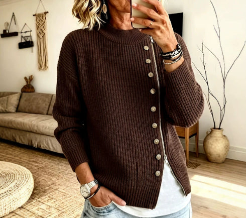 Women’s Asymmetrical Zip Ribbed Sweater – Modern Casual Knit