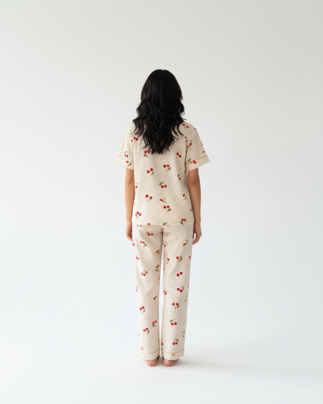 Cherry Delight Pajama Set – Short Sleeve Top & Long Pants in Beige Stripes
