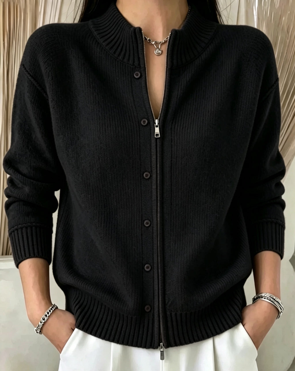 Zip-Up Crewneck Knit Sweater - Soft and Modern