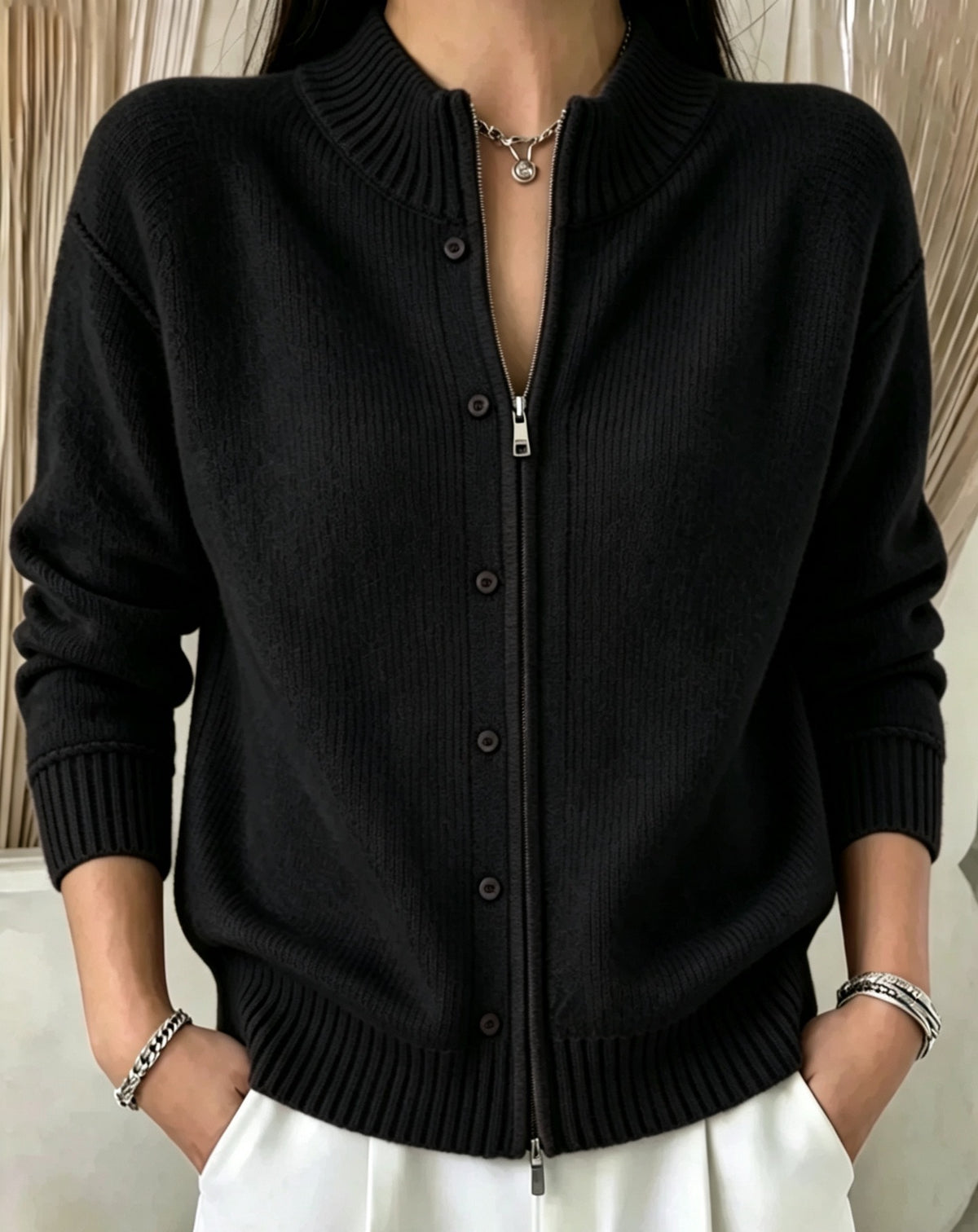 Zip-Up Crewneck Knit Sweater - Soft and Modern