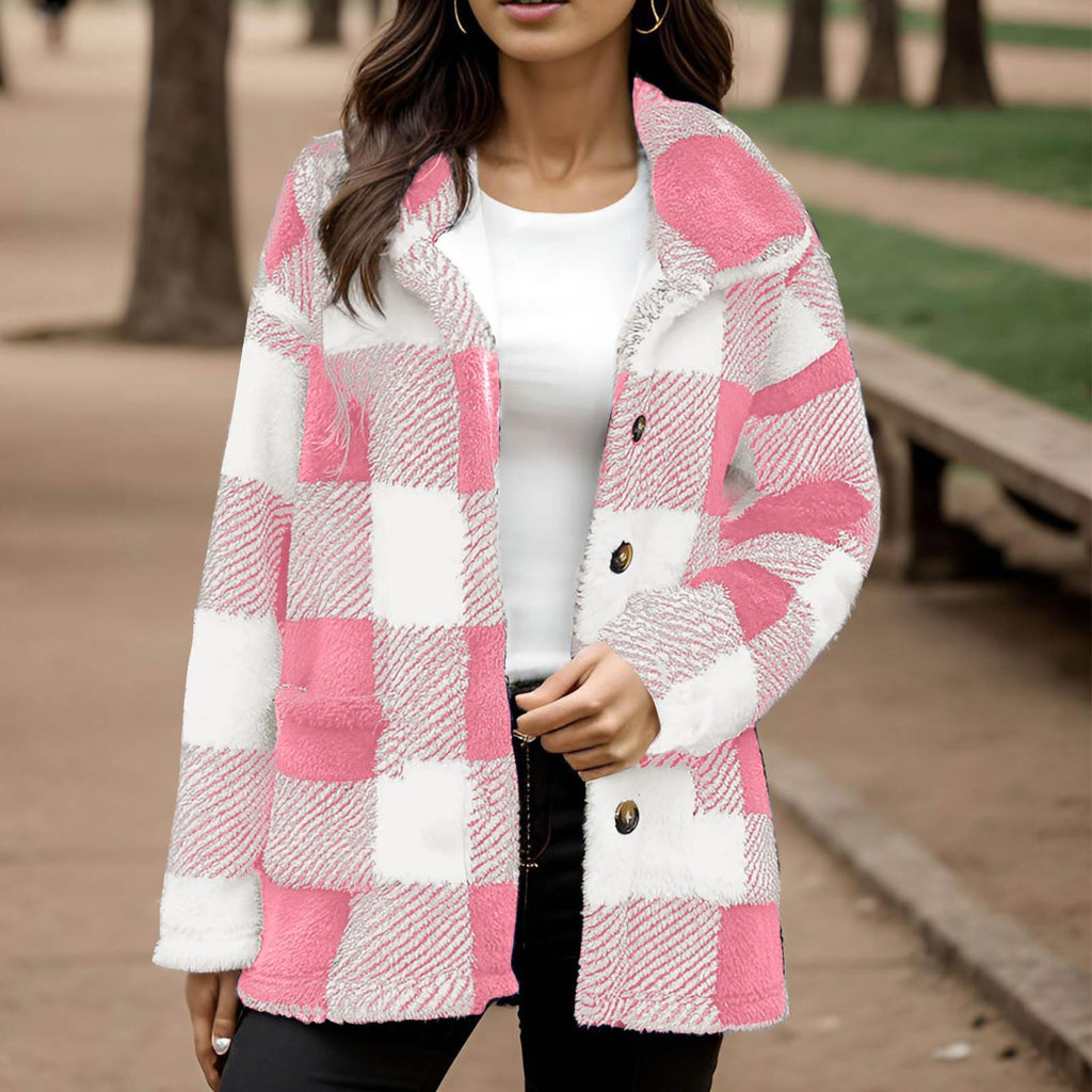 Plaid Plush Coat With Pockets - Warm and Practical