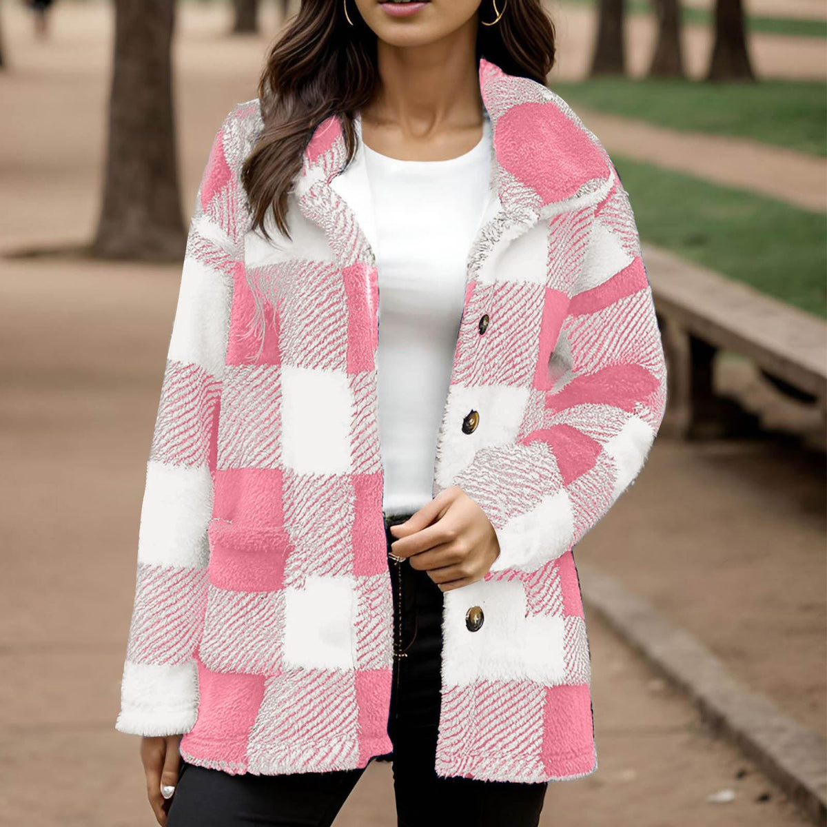 Plaid Plush Coat With Pockets - Warm and Practical