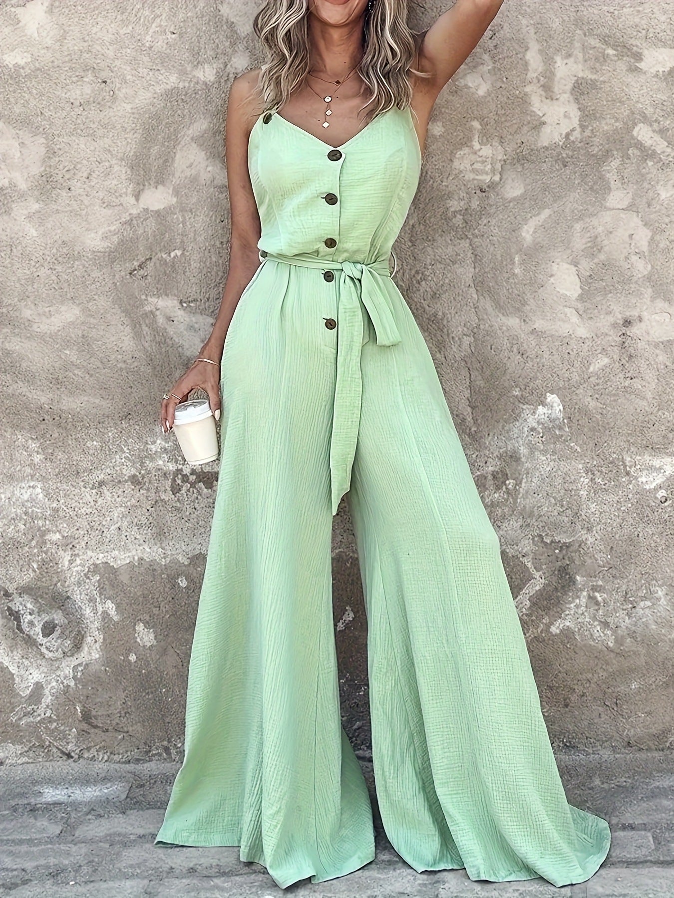 Women's Mint Green Lace-Up Jumpsuit - Elegant Summer Occasion Style