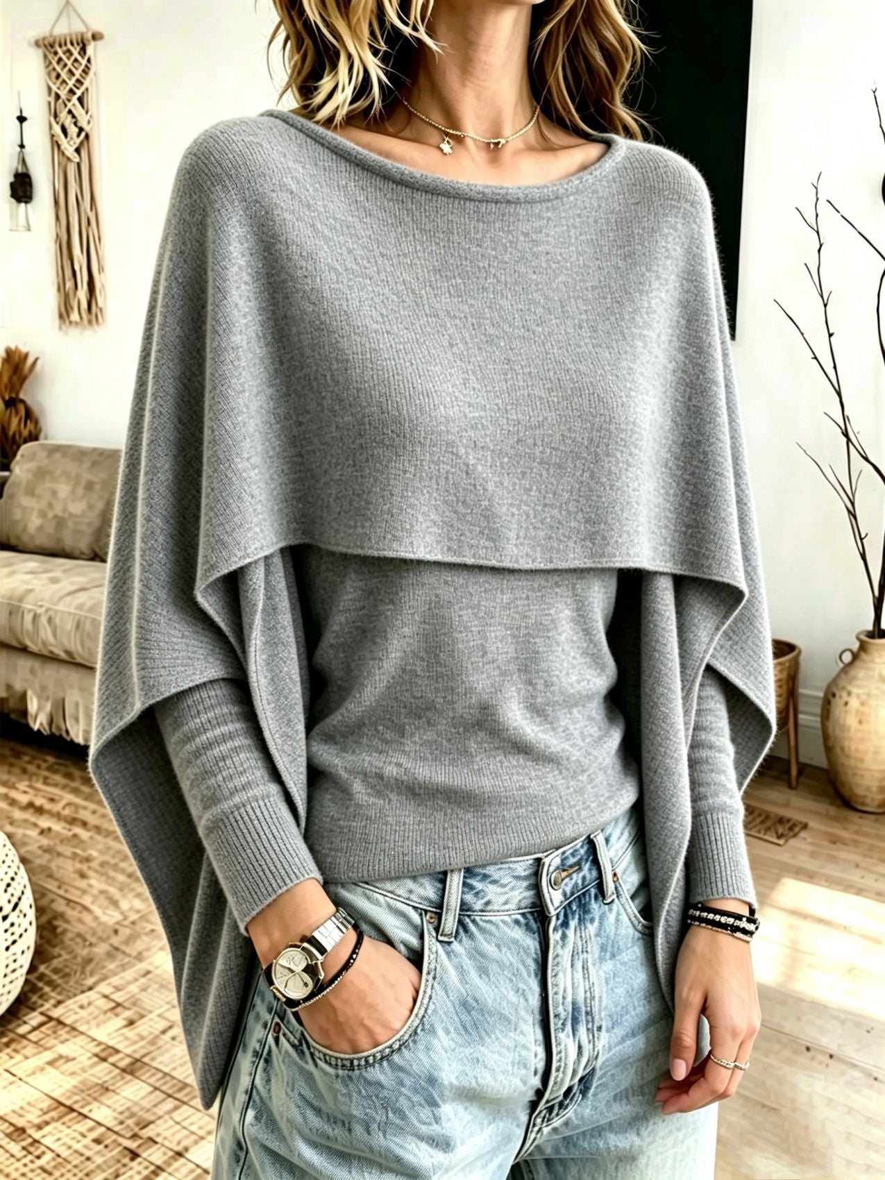 Women's Layered-Look Shawl Knit Sweater - Cozy Statement Top