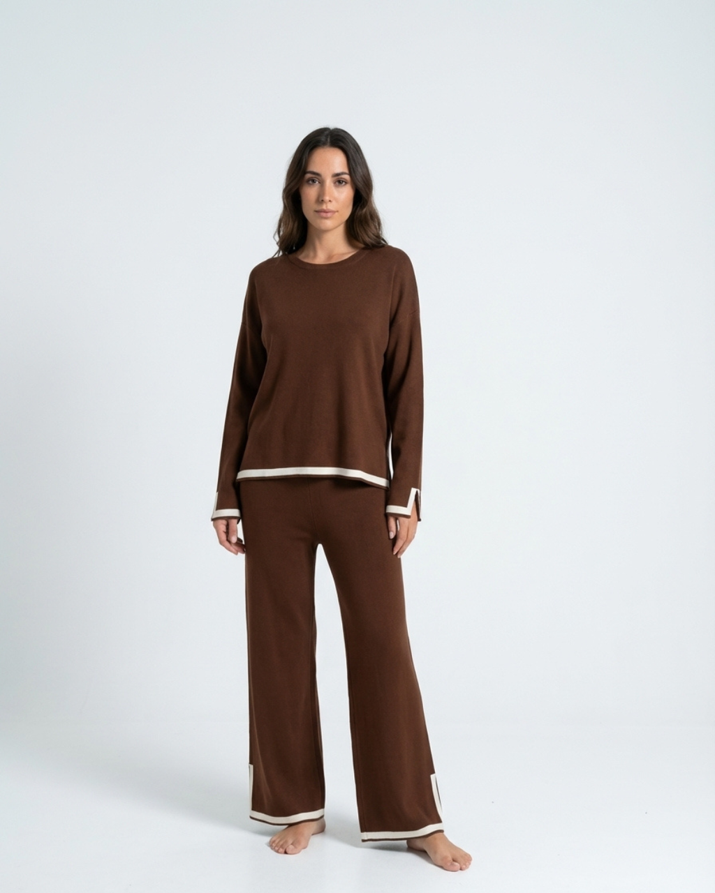 Women’s Knitted Two-Piece Set – O-Neck Top and Wide-Leg Trousers Loungewear