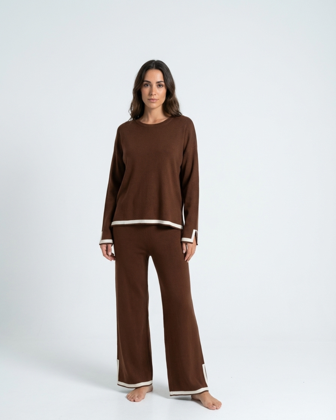 Women’s Knitted Two-Piece Set – O-Neck Top and Wide-Leg Trousers Loungewear