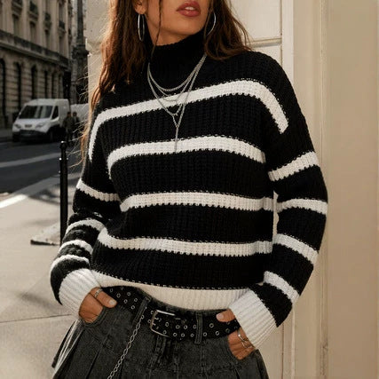Striped Mock-Neck Sweater - Casual and Loose