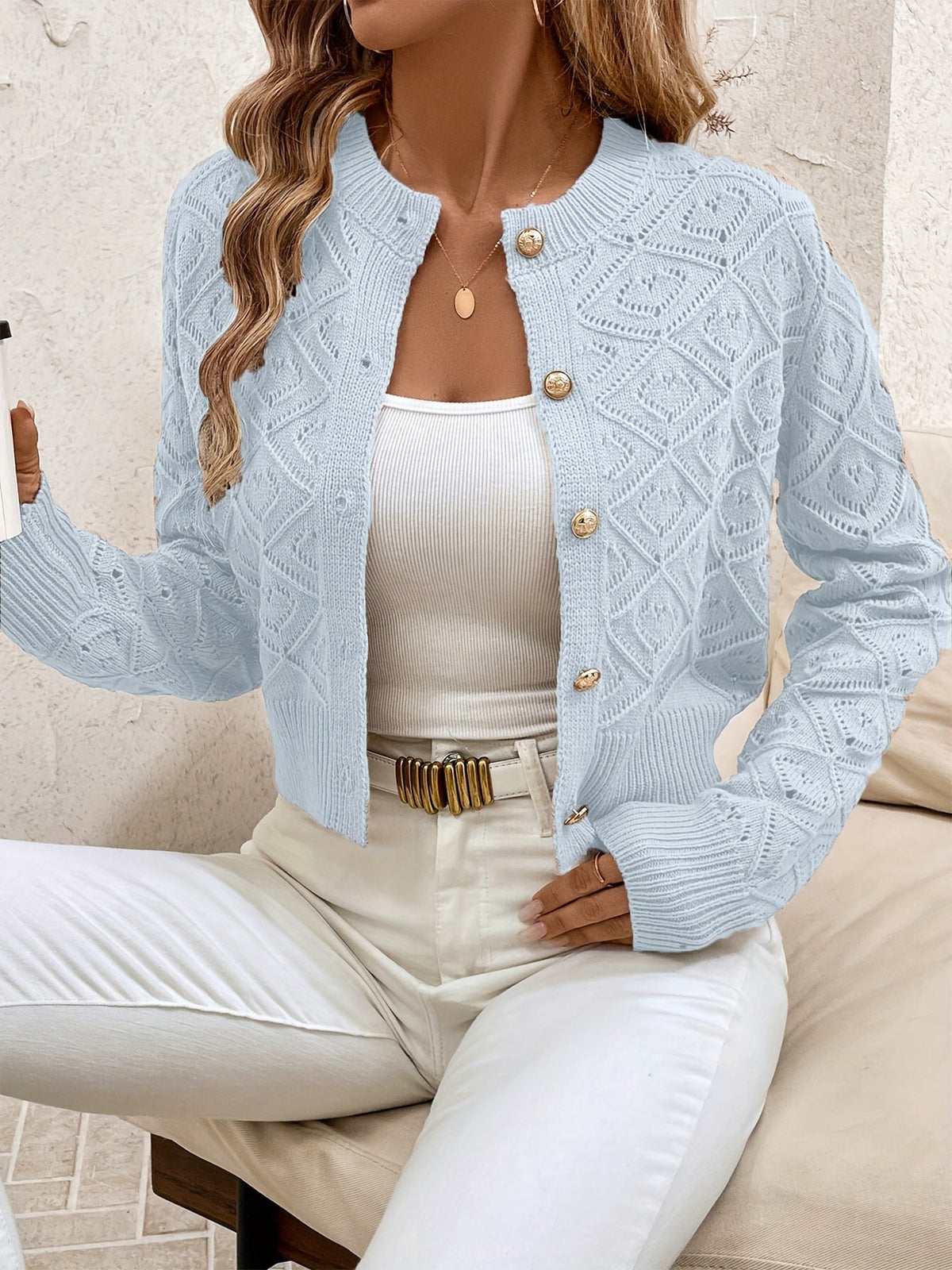 Buttoned Openwork Cardigan - Elegant and Light