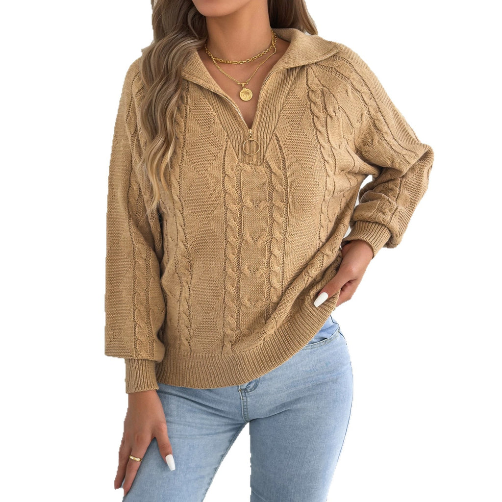 Cable-Knit Zip Collar Sweater - Cozy and Practical