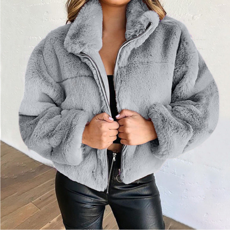 Faux-Fur Zip Cardigan Jacket - Warm and Cozy