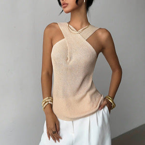 Women's Sleeveless Knit Vest - Cross Neck Pullover Top
