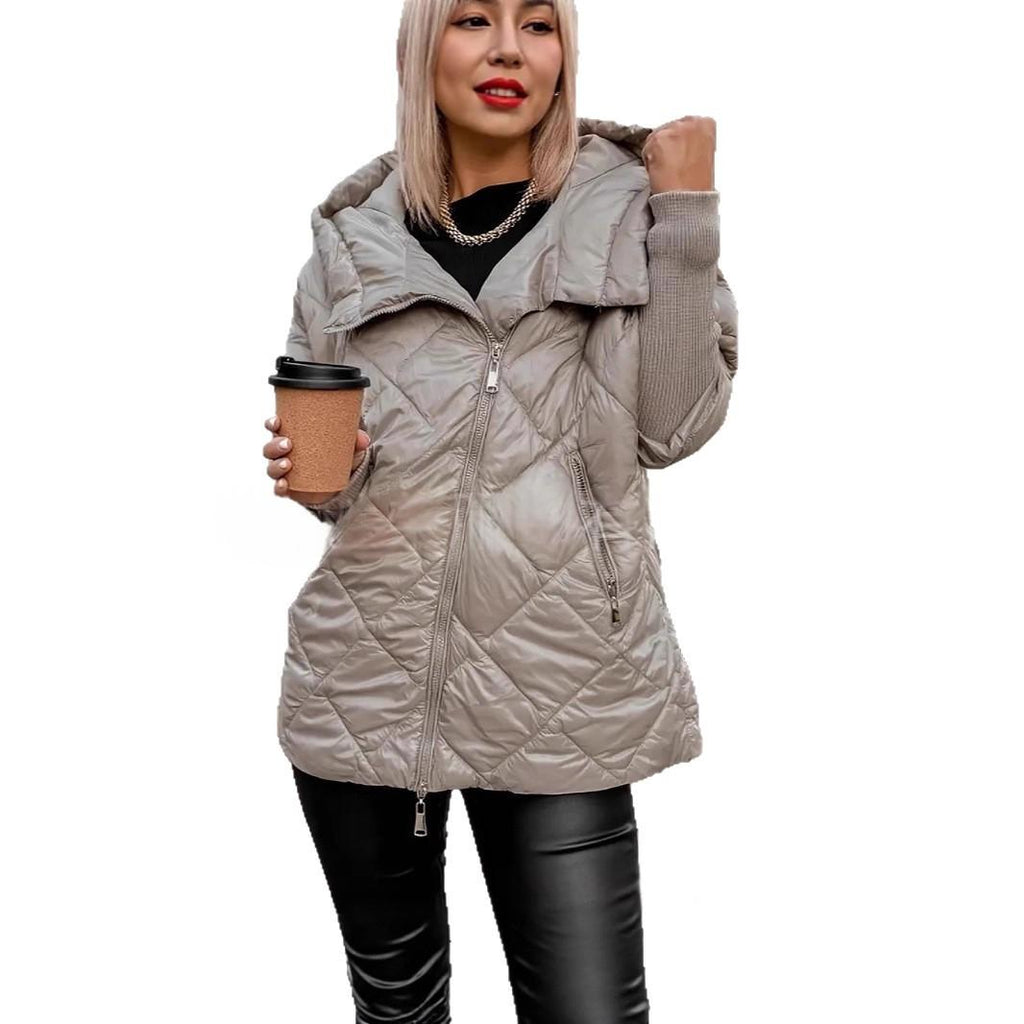 Women’s Hooded Zip-Up Puffer Jacket – Chic Patchwork Warm Winter Style