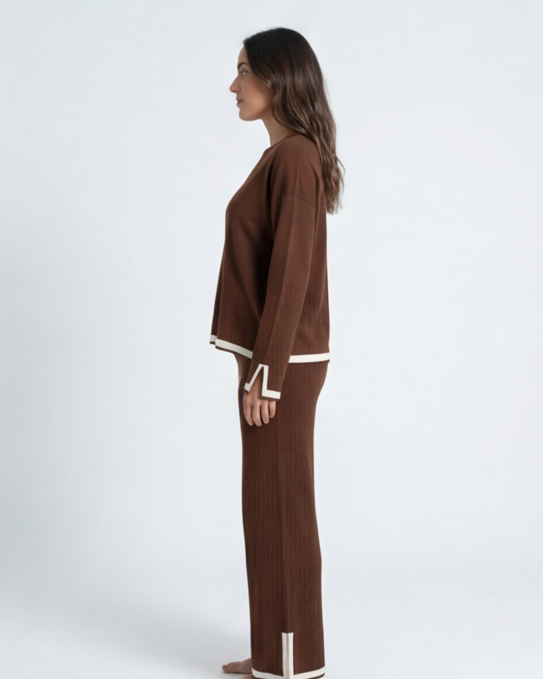 Women’s Knitted Two-Piece Set – O-Neck Top and Wide-Leg Trousers Loungewear