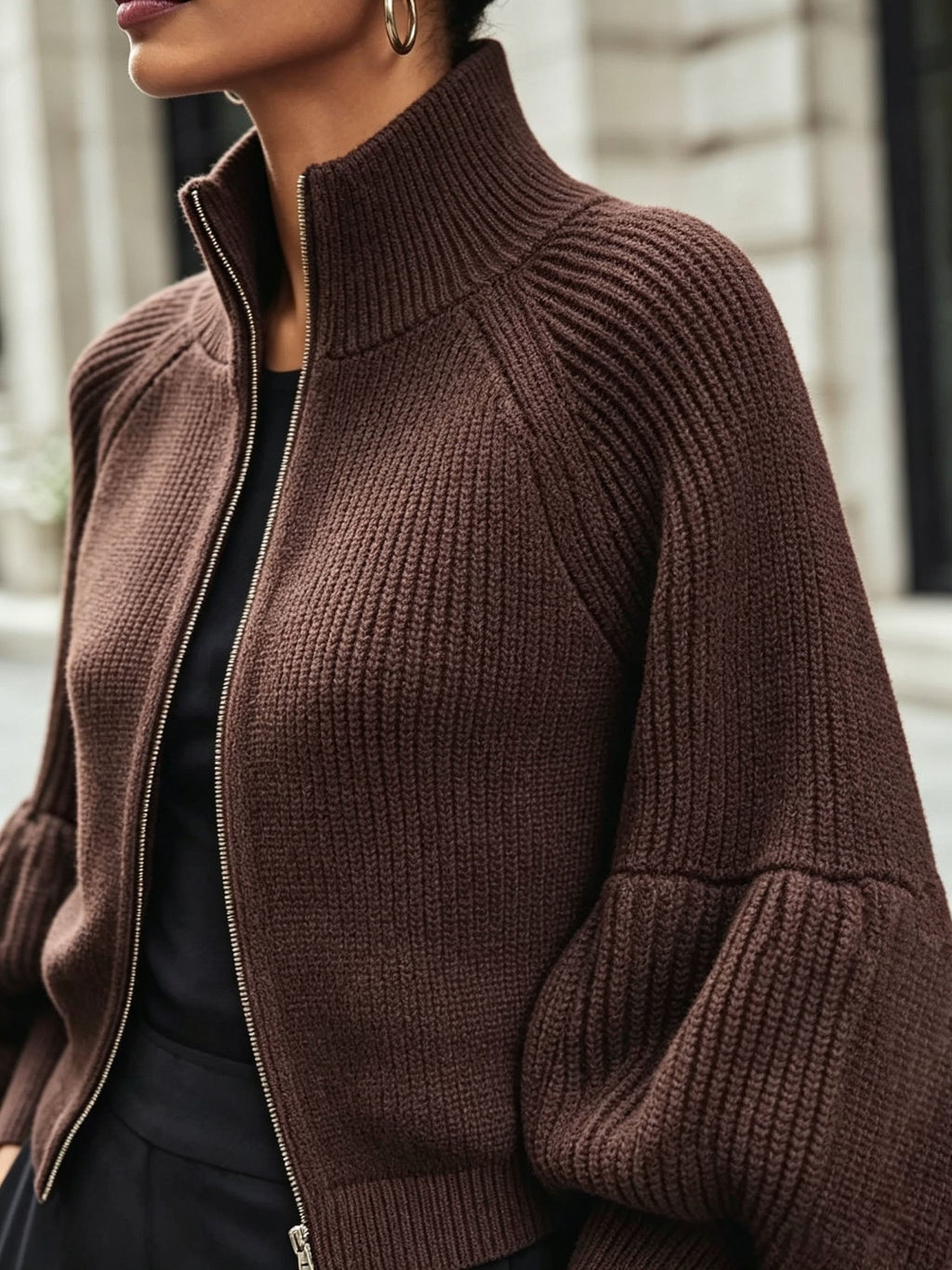 Women’s Zip-Up Puff-Sleeve Cardigan – Modern Cozy Layer