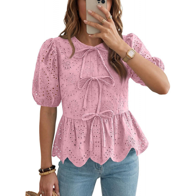 Women's Ruffle-Trim Puff-Sleeve Blouse with Tie Belt – Elegant Feminine Daywear
