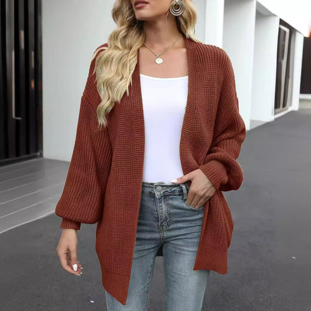 Women’s Chunky Knit Cardigan Coat – Lantern Sleeve Cozy Oversized Style