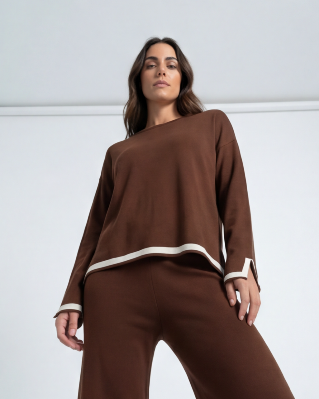 Women’s Knitted Two-Piece Set – O-Neck Top and Wide-Leg Trousers Loungewear