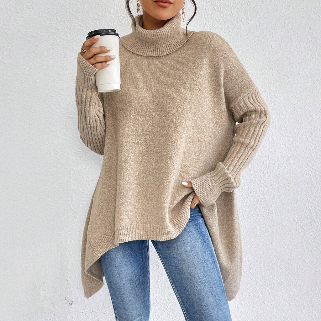 Women’s Irregular Turtleneck Sweater – Loose Knit Long-Sleeve Pullover