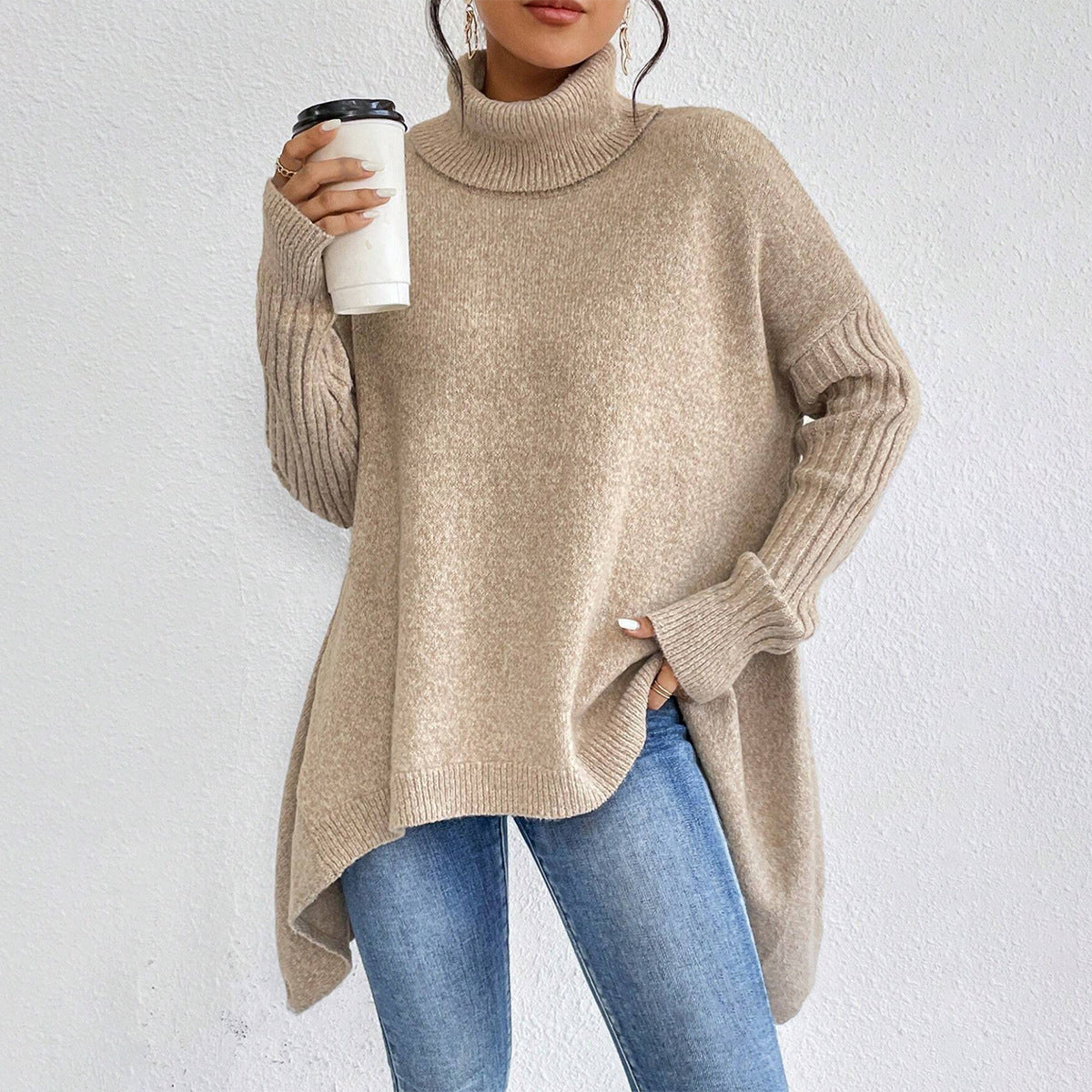 Women’s Irregular Turtleneck Sweater – Loose Knit Long-Sleeve Pullover