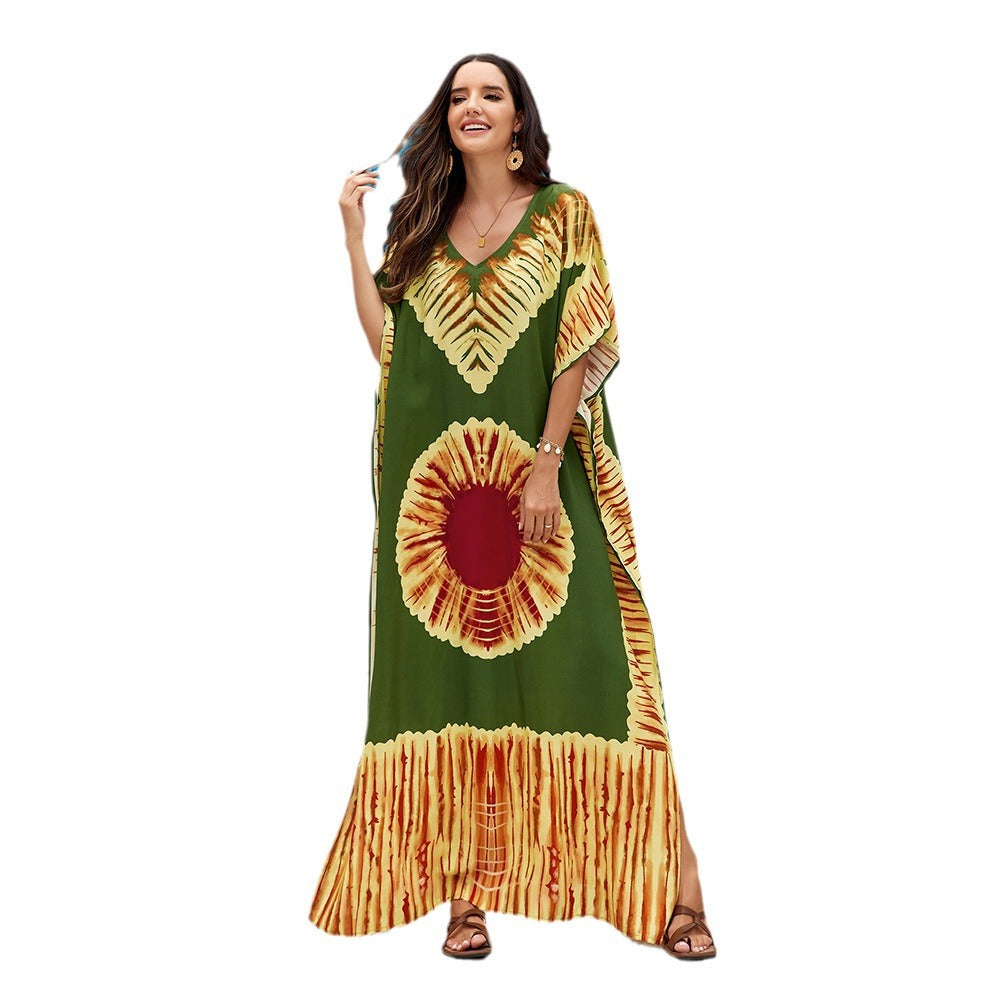 Women's Printed V-Neck Maxi Holiday Dress - Relaxed One Size Daywear