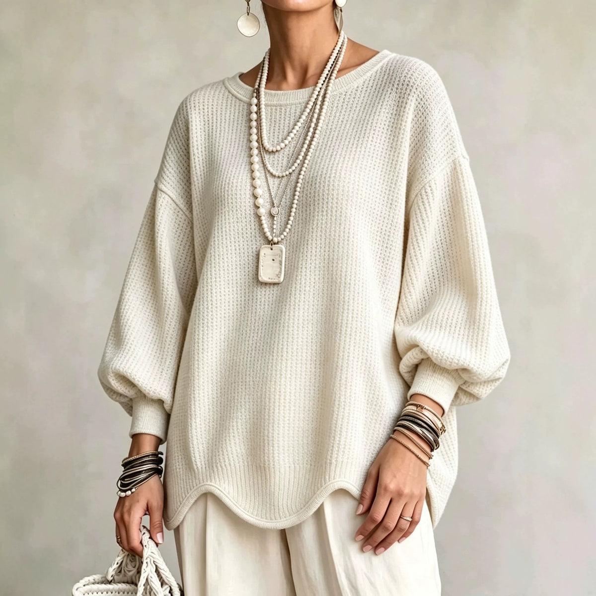 Women's Top - Round Neck, Lantern Sleeves and Wavy Hem