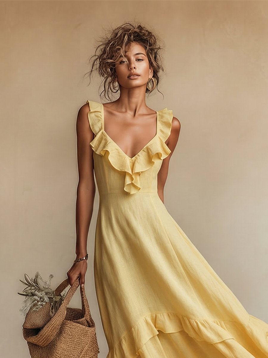 Women's Yellow Linen Maxi Dress - Ruffle V Neck Boho Resort Style