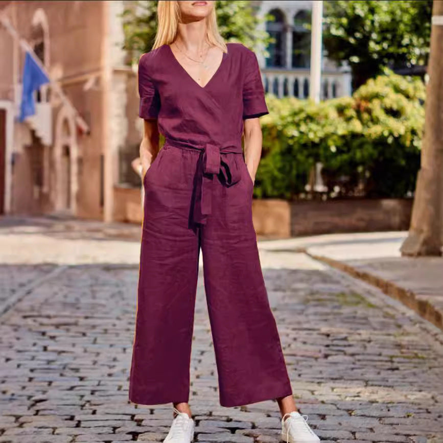 Women's Color-Block Short Sleeve Jumpsuit - Relaxed Wide Leg Everyday One-Piece
