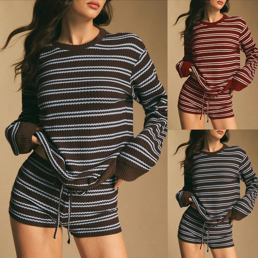 Striped Long-Sleeve Top and Shorts Set - Casual and Easy