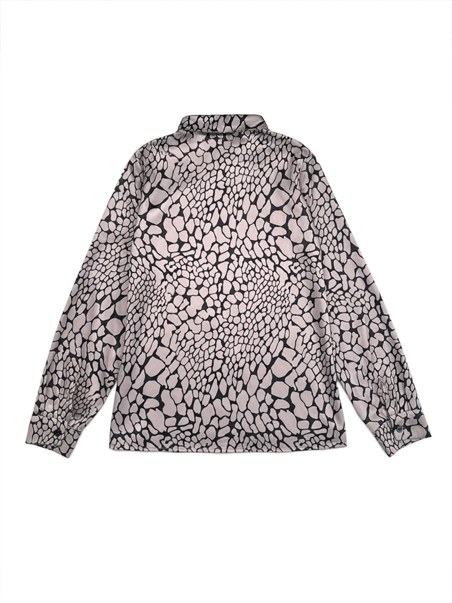 Women's Snakeskin Print Lapel Blouse – Contrast Button-Up Long Sleeve Shirt