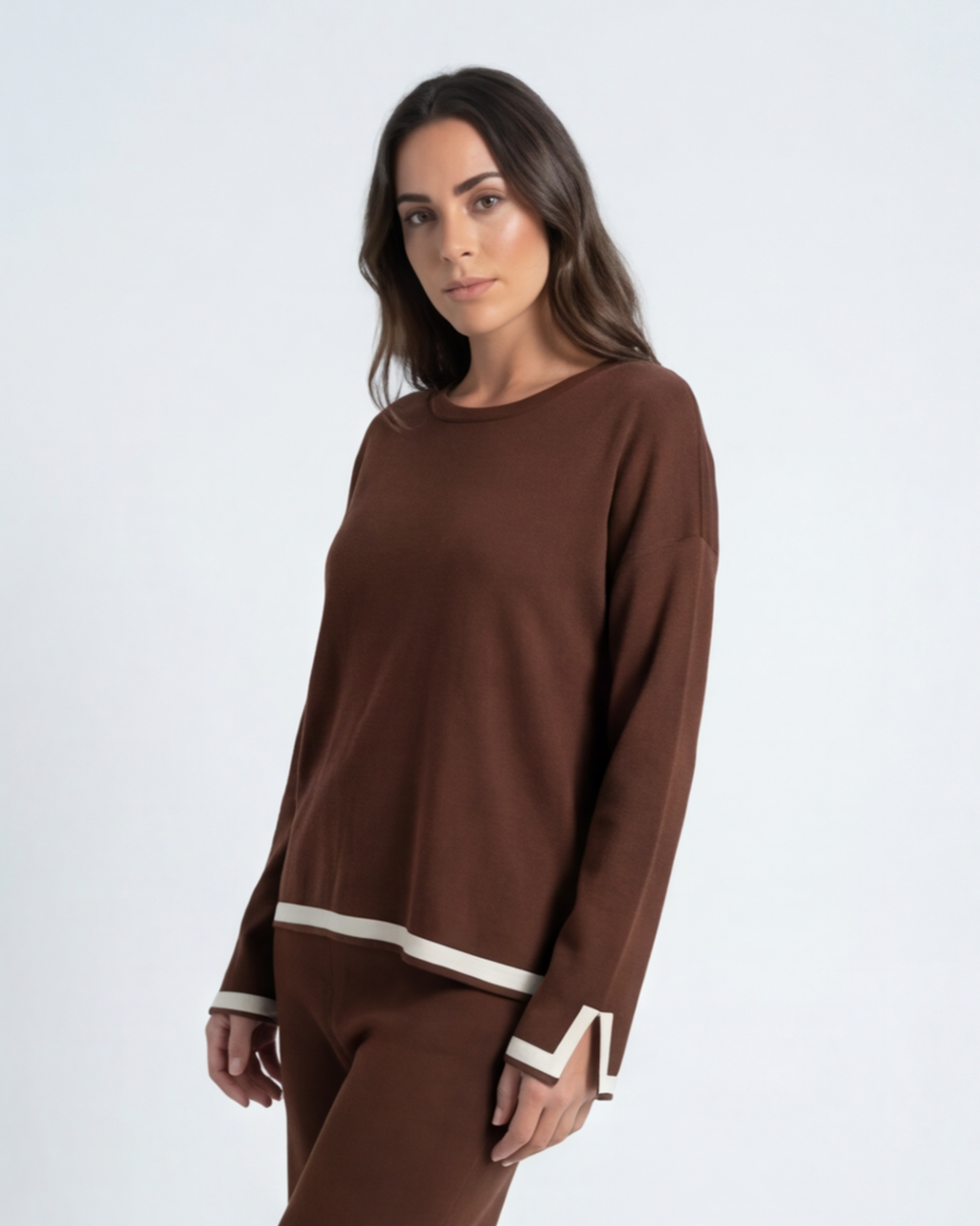 Women’s Knitted Two-Piece Set – O-Neck Top and Wide-Leg Trousers Loungewear